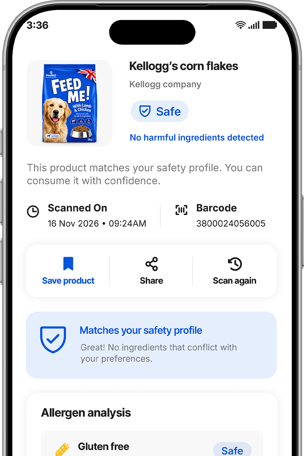 SafeIntake pet scanner app safety result screen